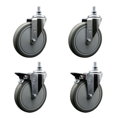 Service Caster 6 Inch Gray Polyurethane 12 Inch Threaded Stem Caster Set 2 Brakes SCC SCC-TS20S614-PPUB-121315-2-PLB-2